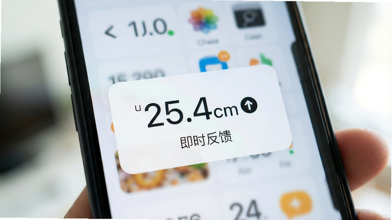 主体为手机屏幕特写,显示测量结果弹窗,背景虚化,布局聚焦中心,排版极简,风格为明亮清爽,细节包含数字