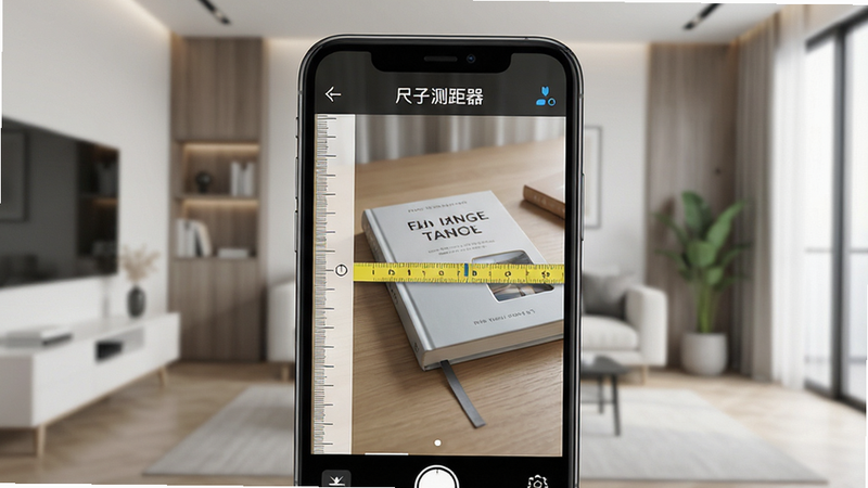 主体为手机屏幕界面,显示尺子测距器App运行画面,背景为现代简约家居环境,布局清晰,排版整洁,风格为写实科技感,细节包含屏幕上的刻度线与测量对象(如书本),画质高清,干净,无多余元素,文字