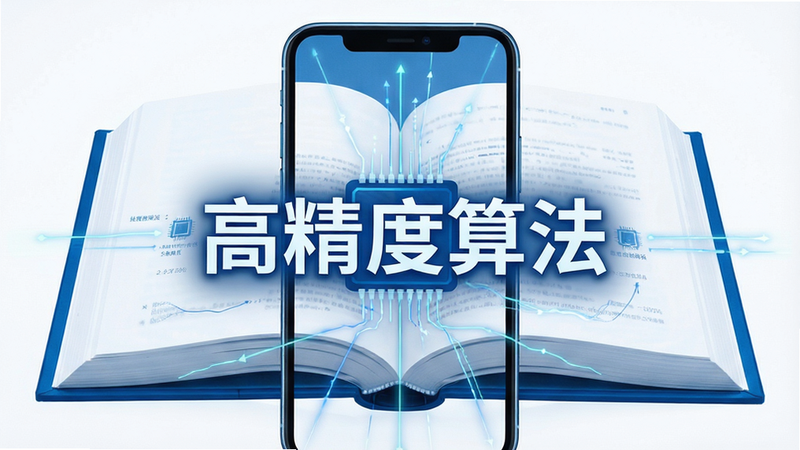 主体为技术示意图,展示手机摄像头对焦书本的过程,布局对称,排版简洁,风格为科技蓝白配色,细节包含光线追踪线与数据流,画质清晰,干净,无多余元素,文字