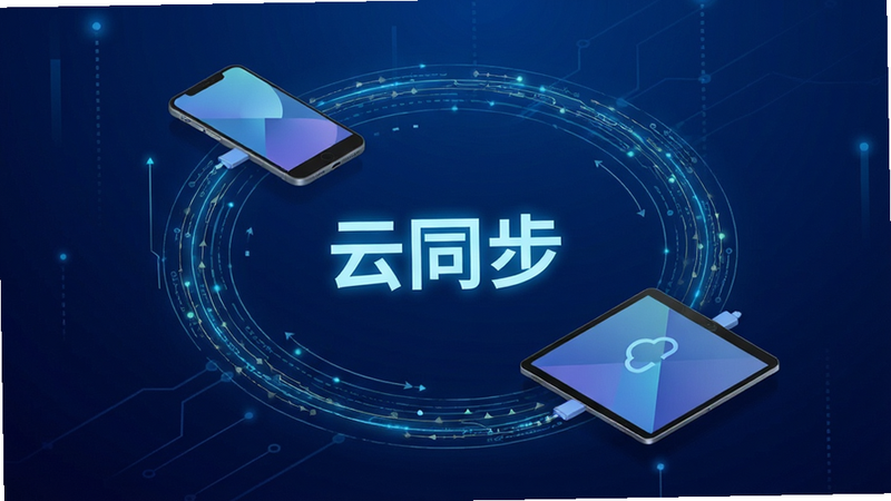 主体为手机与平板连接示意图,布局为环形结构,排版科技感,风格为现代简约,细节展示数据流动的线条,画质精致,干净,无多余元素,背景为深蓝色渐变,文字