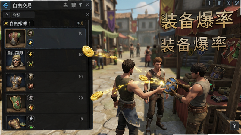 主体为游戏内‘自由交易’界面截图,展示摊位列表与金币流动特效,背景为热闹的集市场景,角色正在交换装备,文字标注‘自由摆摊’、‘装备爆率’,风格写实,细节丰富,画面整洁