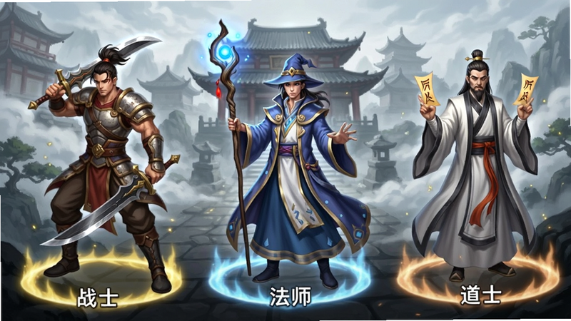 主体为三个职业角色立绘并排展示,左侧战士持刀,中间法师持杖,右侧道士持符,背景为云雾缭绕的道场,每个角色脚下有代表转职方向的光圈,文字标注‘战士’、‘法师’、‘道士’,风格为2.5D插画,精致细腻,构图对称