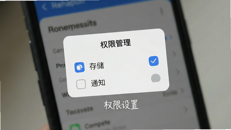 主体为手机设置界面截图,显示‘权限管理’弹窗,勾选‘存储’与‘通知’选项,背景模糊处理,突出权限勾选框,文字清晰标注‘权限设置’,风格为扁平化UI,简洁明了
