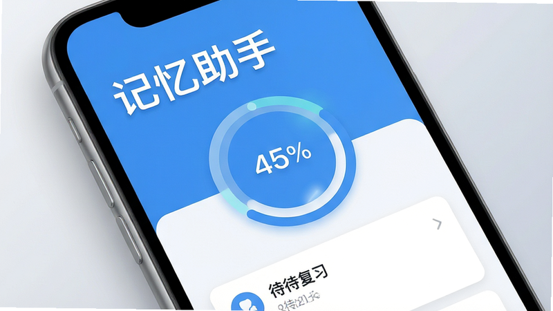 主体为一个现代化的智能手机屏幕特写,显示名为“记忆助手”的应用界面,界面采用清新蓝白配色,布局清晰,顶部有醒目的标题“记忆助手”,中间展示一个圆形的记忆进度环和待复习卡片列表,背景为柔和的浅灰色渐变,风格简洁扁平化,细节处有细微的光影效果,画质高清,干净无多余元素,文字清晰可见