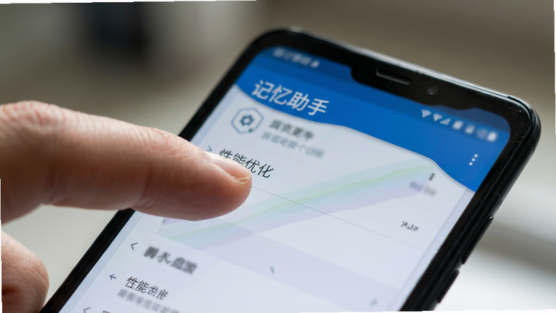 主体为一部安卓手机侧面特写,屏幕显示“记忆助手”的设置页面,手指正在点击“性能优化”选项,布局聚焦于屏幕中央,排版紧凑,风格为写实摄影风,细节处有手指触控的高光反射,背景虚化处理,画质逼真,干净,无杂物