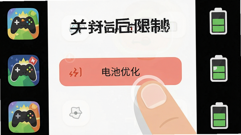 主体为手机界面示意图,布局清晰展示设置菜单,中央高亮显示“电池优化”关闭按钮,周围环绕着游戏图标与电池图标,排版简洁直观,风格为扁平化UI设计,细节展现手指点击动作,画质清晰,干净无杂乱背景,文字