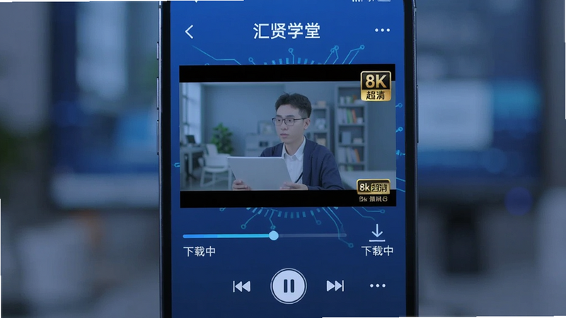 ����Ϊ�ֻ���Ļ��д����ʾ����ѧ��App����Ƶ���Ž��棬���־�����ʾ��Ƶ���棬�·��н���������ư�ť���Ű�����ƶ��˽���ϰ�ߣ����Ƽ�����ɫ����ϸ�ڴ���ʾ