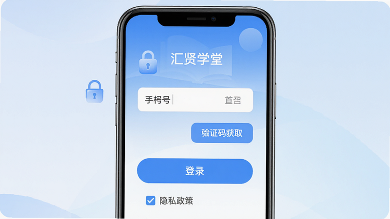 ����Ϊ����ѧ��App�ĵ�¼��ע����棬���ּ�࣬�����ֻ����������֤���ȡ��ť����¼��ť���Ű���жԳƣ����������ɫ����ϸ�ڴ���ʾ��ȫ��ͼ������˽���߹�ѡ�����ְ���
