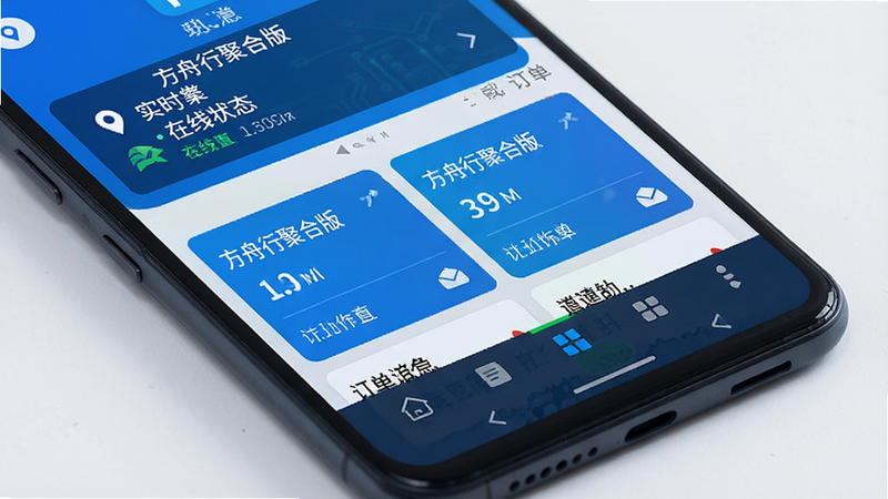 ����Ϊ��׿�ֻ���Ļ��д����ʾ�������оۺϰ桱App��ҳ���棬����������������ʾʵʱλ��������״̬���в�Ϊ�����б���Ƭ���ײ�Ϊ������ť������Լ������ɫ�Ƽ�ɫ����ϸ�����������壬�ɾ����޶���Ԫ��