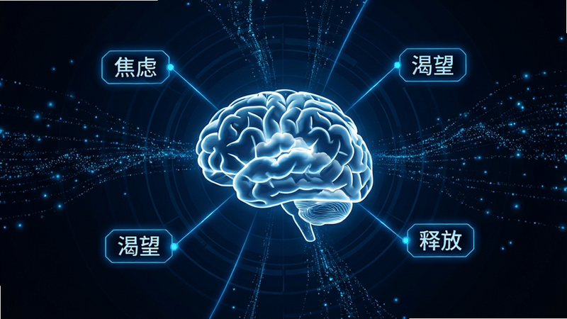 主体为梦境解析界面,屏幕中央显示一个抽象的大脑轮廓与云朵交织的图形,周围环绕着“焦虑”、“渴望”、“释放”等关键词标签。布局呈放射状,视觉中心突出。风格科技感与人文感结合,蓝色发光线条连接各个节点。细节处体现数据流动的粒子效果,文字标注清晰。画质高清,干净,无多余元素。
