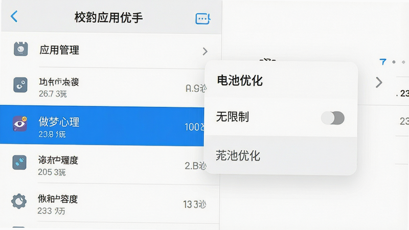 主体为手机设置界面截图风格,显示“应用管理”列表,其中“做梦心理”被高亮选中,右侧弹出“电池优化”设置框,显示“无限制”选项。布局清晰,重点突出。风格扁平化,界面简洁。细节处可见清晰的文字标签与图标,无冗余装饰。画质高清,干净,无多余元素。