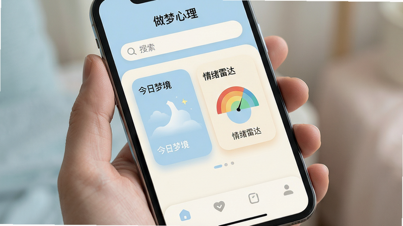 主体为一部智能手机屏幕,显示“做梦心理”APP界面,布局清晰,顶部为搜索栏,中部为“今日梦境”与“情绪雷达”两个核心模块卡片,底部为导航栏。排版极简主义,风格清新治愈,色调以淡蓝与暖白为主。细节处可见柔和的阴影效果与圆角设计,文字清晰无遮挡。画质8k,干净,无多余元素。