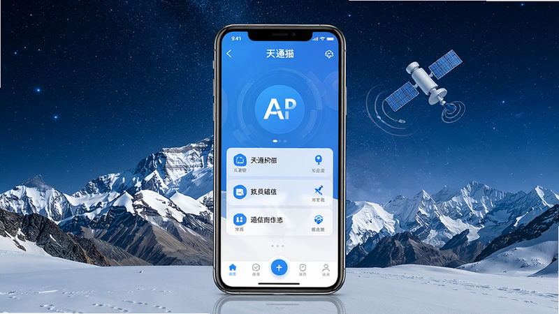 一张展示天通猫APP界面的手机模型图,主体为一部现代智能手机,屏幕中央显示天通猫APP主界面,背景是壮丽的雪山与星空,体现卫星通信概念,界面简洁现代,蓝色科技色调,文字清晰可见,高清,干净,无多余元素