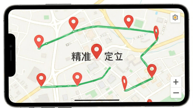 地图界面上显示多个用户位置标记,主体为一张电子地图,上面有红色的定位图标和绿色的轨迹线,背景为浅色地图纹理,风格扁平化设计,文字标注