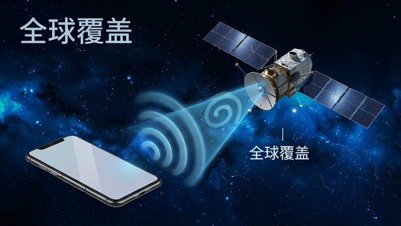 手机连接卫星的示意图,主体为一部智能手机发射信号波束连接至太空中的卫星,背景为深蓝色宇宙星空,卫星细节精致,信号波束呈半透明蓝色,风格写实科技,文字标注