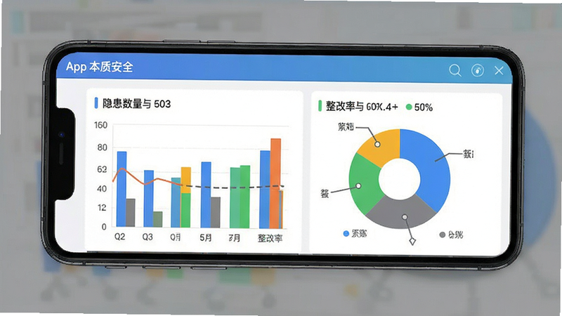 “本质安全”App数据报表界面,手机屏幕显示柱状图与饼图,展示隐患数量与整改率,色彩鲜明,数据清晰,背景简洁,风格专业,无杂乱文字