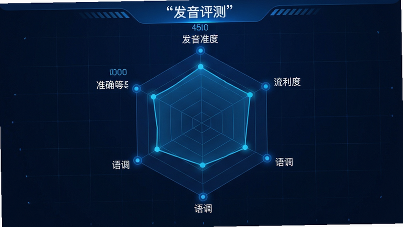 生成一张专业的语音评测雷达图界面,主体是一个六边形的雷达图,展示发音准确度、流利度、语调等维度。布局中心突出雷达图,周围环绕具体的分数数值和等级标签。风格为数据可视化大屏风格,蓝色调为主,细节包含细密的网格线和发光节点,画质高清,干净,无多余元素,文字“发音评测”加引号