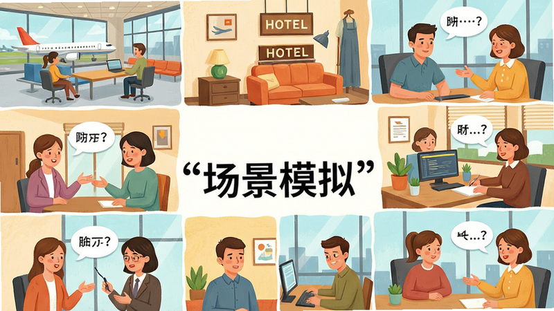 生成一张包含多个生活场景的拼贴画,主体是机场、酒店、办公室等场景的小插图,布局采用网格状排列,每个格子内展示一个典型的口语对话瞬间。风格为清新插画风,细节丰富,色彩明亮温暖,画质清晰,干净,无多余元素,文字“场景模拟”加引号