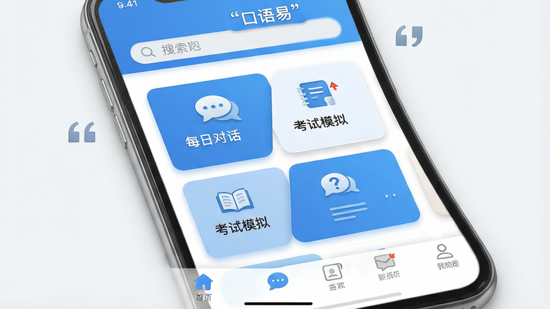 生成一张高质量的手机应用界面展示图,主体为“口语易”APP的首页界面,布局清晰,顶部有搜索栏,中间展示“每日对话”、“考试模拟”等核心功能入口卡片,底部有导航栏。风格为现代扁平化UI设计,色彩以清新的蓝色和白色为主,细节包含真实的图标纹理和阴影效果,画质高清,干净,无多余元素,文字“口语易”加引号