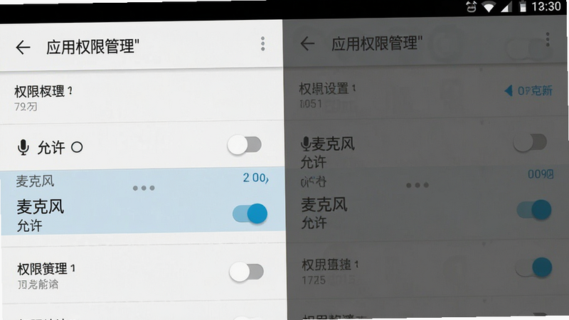 生成一张手机设置界面的截图,主体是“应用权限管理”页面,高亮显示“麦克风”权限为“允许”状态。布局为标准安卓系统设置列表样式,细节包含清晰的文字标签和开关控件,画质清晰,干净,无多余元素,文字“权限设置”加引号