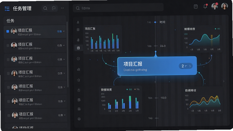 生成一张展示任务管理功能的应用截图,界面左侧为任务列表,右侧为时间轴视图,高亮显示一个名为“项目汇报”的任务,周围环绕着动态的数据图表,背景为深灰色模式,文字清晰,风格科技感强,细节精致,无杂乱背景