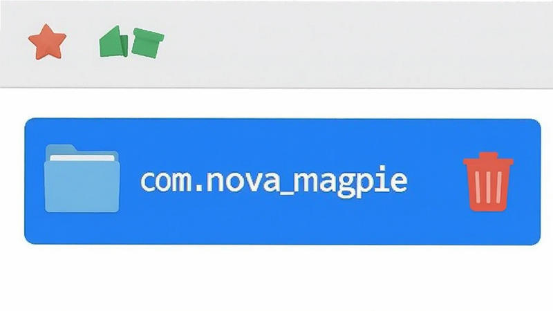 生成一张文件管理器界面的示意图,显示一个名为“com.nova.magpie”的文件夹被选中,旁边有一个红色的删除垃圾桶图标,背景为白色,界面简洁,操作清晰,无其他干扰元素