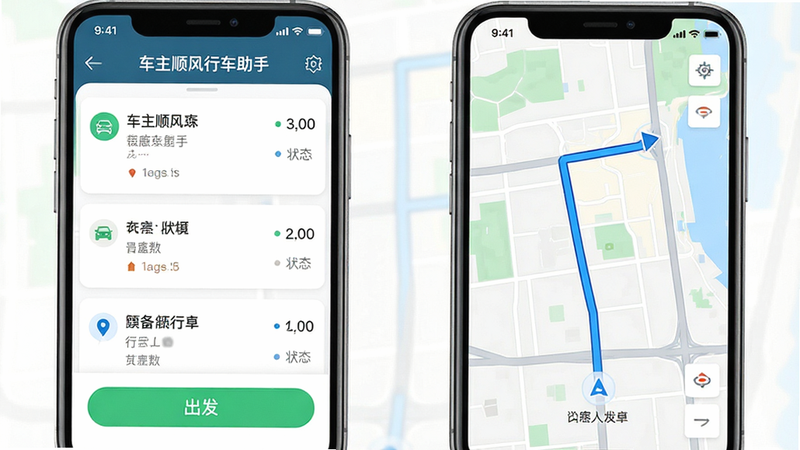 主体为一款名为“车主顺风行车助手”的手机应用界面展示,布局采用左右分屏设计,左侧显示订单列表与状态,右侧显示地图导航路线,排版清晰简洁,风格为现代扁平化UI,细节包含绿色的出发按钮、蓝色的路线轨迹、清晰的字体图标,画质高清,干净,无多余元素