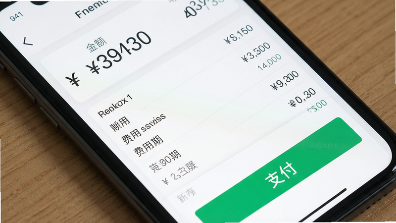 主体为手机账单详情页,布局包含金额数字、费用明细列表、支付按钮,排版垂直排列,风格为简约财务界面,细节包含人民币符号、数字字体、绿色支付按钮,画质清晰,干净,无多余元素