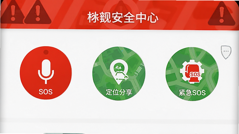 主体为手机安全中心界面,布局包含三个圆形功能图标:录音、定位分享、紧急SOS,排版居中对称,风格为警示色与白色搭配,细节包含红色SOS按钮、麦克风图标、地图定位标记,画质高清,干净,无多余元素