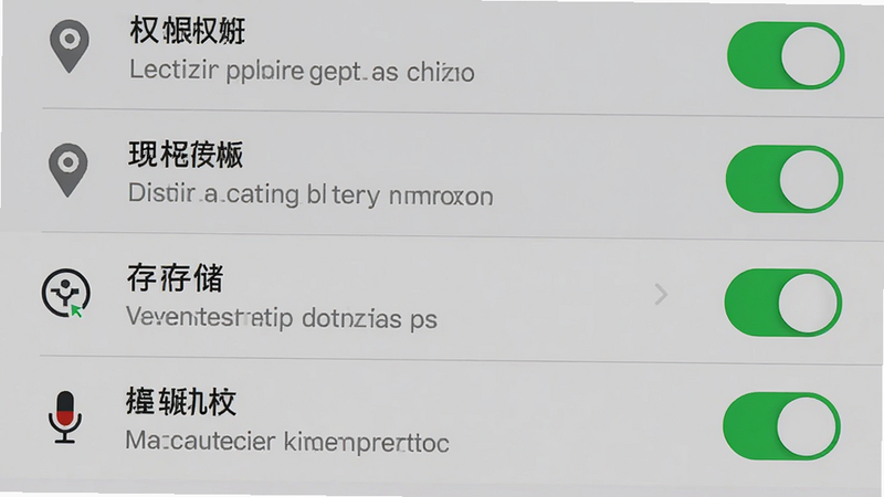 主体为手机设置界面,布局包含权限管理列表,高亮显示定位、存储、麦克风权限开关,排版垂直列表,风格为系统设置灰色背景,细节包含绿色开启开关、权限图标、说明文字,画质清晰,干净,无多余元素