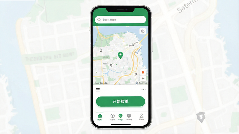 主体为手机APP首页界面,布局包含顶部搜索栏、中部地图区域、底部功能按钮栏,排版标准移动端布局,风格为白色背景绿色主题,细节包含“开始接单”大按钮、地图定位点、菜单图标,画质高清,干净,无多余元素