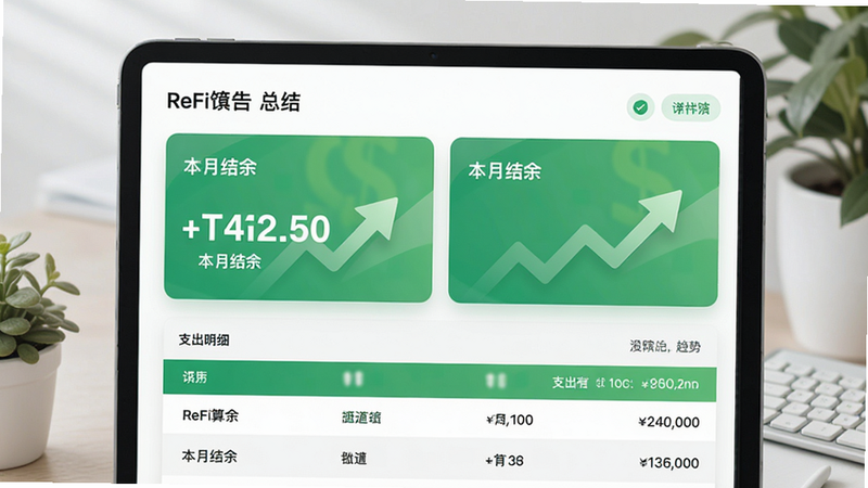 ����ΪReFi���˵��¶ȱ����ܽ���棬����Ϊ���½ṹ���Ϸ�Ϊ�ܽῨƬ���·�Ϊ֧����ϸ�б������Ϊ������ɫ�������������ƣ�ϸ�ڰ�����ͷָʾ�������ƣ�������ʾ