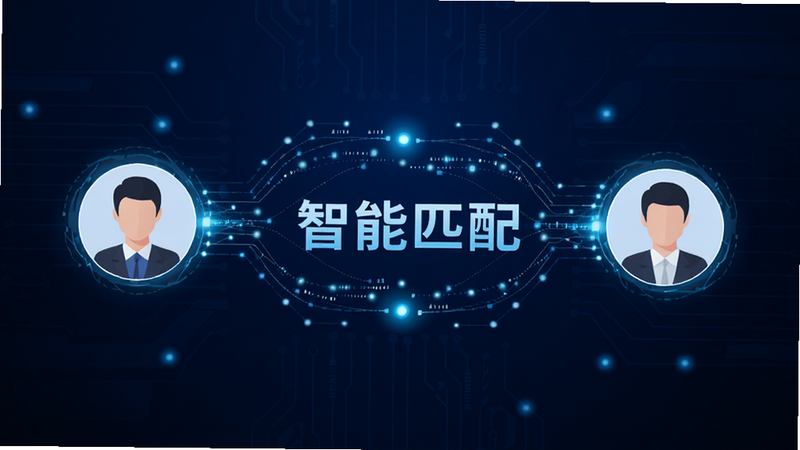 主体为抽象的数据连接线,连接两个用户头像,背景为深蓝色科技风,布局居中,排版对称,风格科技感强,细节包含数据流、光点,画质清晰,干净,无多余元素,文字包含“智能匹配”