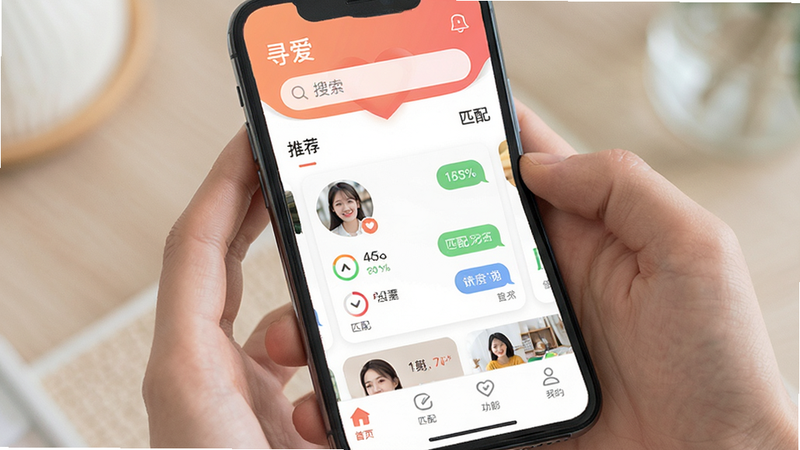 主体为手机屏幕界面,显示“寻爱”APP首页,布局清晰,顶部为搜索栏,中部为推荐用户卡片,底部为功能导航栏,排版简洁现代,风格清新温暖,细节包含用户头像、匹配度百分比、聊天气泡,画质高清,干净,无多余元素,文字包含“寻爱”、“推荐”、“匹配”