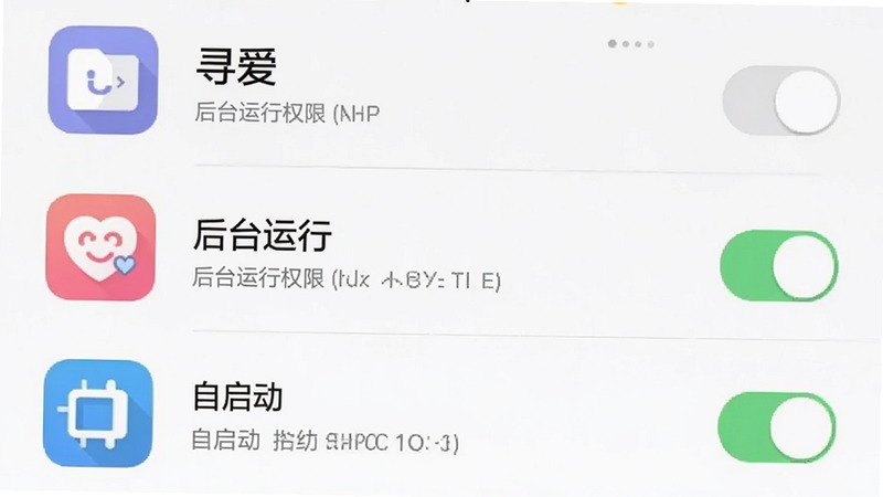 主体为手机设置界面截图,显示“寻爱”APP的后台运行权限设置,布局垂直排列,排版整洁,风格扁平化,细节包含开关按钮、应用图标,画质清晰,干净,无多余元素,文字包含“后台运行”、“自启动”