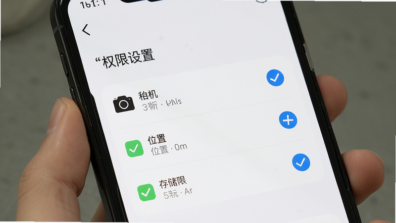 主体为手机设置界面,布局突出权限管理选项,风格为简洁UI设计,细节显示相机、位置、存储权限被勾选的状态,画质清晰,干净,文字引号
