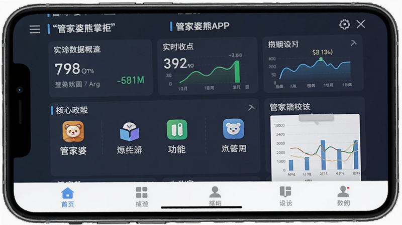 主体为智能手机屏幕界面,展示管家婆熊掌柜APP首页,布局清晰分为顶部数据概览、中部核心功能图标、底部导航栏,风格为现代商务扁平化,细节包含清晰的菜单图标和实时数据图表,画质高清,干净无多余元素,文字引号