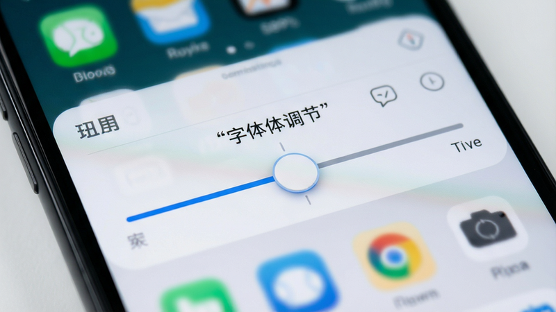 主体为手机系统设置界面,布局聚焦于字体大小调节滑块,风格为简约科技风,细节显示滑块处于中间位置,背景为模糊的APP界面,画质清晰,干净,文字引号