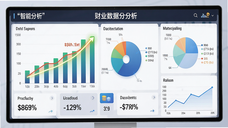 主体为财务数据分析仪表盘,布局包含柱状图、饼图和趋势线,风格为专业商务分析风,细节显示高亮的利润增长曲线和关键指标卡片,画质精致,干净,文字引号