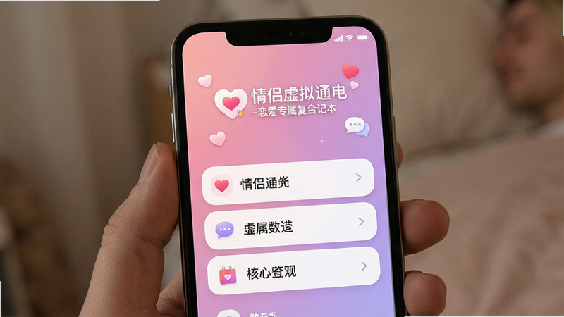 一张温馨浪漫的情侣手机应用界面预览图,主体为手机屏幕,显示着『情侣虚拟通电-恋爱专属复合记本』的应用Logo和核心功能菜单,布局整洁清晰,采用柔和的粉紫色渐变背景,排版简约现代,细节处点缀着爱心和聊天气泡图标,高清画质,干净无多余元素,文字『情侣虚拟通电』清晰可见