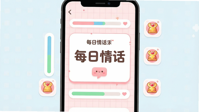 一张展示应用内互动任务界面的UI设计图,屏幕中央显示着“每日情话”任务卡片,周围环绕着进度条和奖励图标,背景为淡粉色网格,字体圆润可爱,布局清晰直观,色彩搭配和谐,高清矢量风格,文字『每日情话』醒目