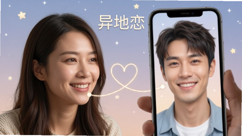 一张展示异地恋情侣通过手机屏幕微笑互动的合成图,左侧为现实中的女性,右侧为手机屏幕内的男性形象,中间通过爱心连线连接,背景为淡蓝色星空,风格温馨浪漫,细节丰富,画质高清,文字『异地恋』若隐若现