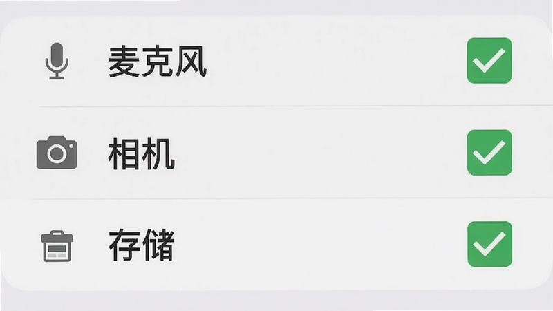 一张手机设置权限界面的截图风格插图,显示“麦克风”、“相机”、“存储”等权限选项被勾选,背景为浅灰色,文字清晰,布局标准,风格简洁扁平化,画质清晰,无多余装饰