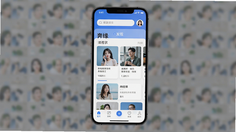 一张展示奔缘APP主界面的高质量渲染图,主体为手机屏幕显示奔缘应用首页,布局清晰,顶部有搜索栏和头像,中部是推荐用户卡片,底部是导航栏,风格为现代扁平化UI设计,细节精致,画质高清,干净无多余元素,文字包含