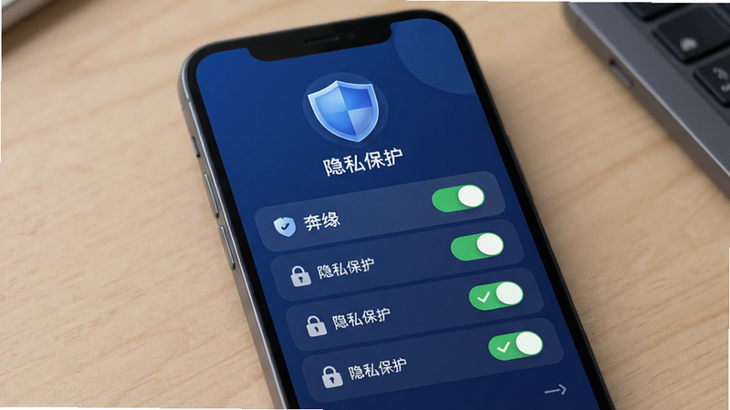 奔缘APP隐私设置界面概念图,主体为手机屏幕,显示盾牌图标和隐私开关列表,布局为垂直列表式,风格为深蓝色调的安全感设计,细节显示锁形图标和绿色对勾,画质细腻,干净,文字包含