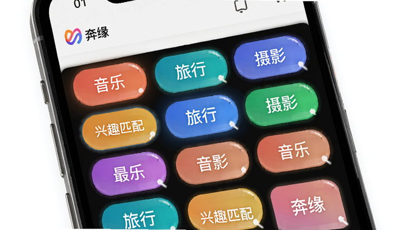 奔缘APP内部兴趣匹配功能示意图,主体为手机界面,显示多个彩色兴趣标签如