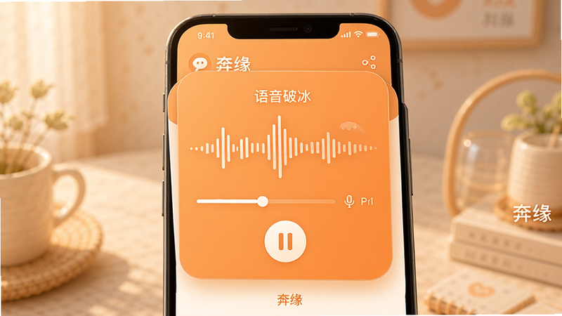 奔缘APP语音聊天功能界面,主体为手机屏幕,显示一个正在播放的语音波形图和麦克风图标,布局为居中悬浮卡片式,风格为温暖柔和的橙色系,细节显示播放进度条和暂停按钮,画质逼真,干净,文字包含
