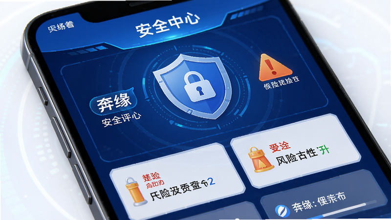 奔缘APP安全中心界面,主体为手机屏幕,显示盾牌、锁和警告标志,布局为仪表盘式布局,风格为蓝色科技风,细节显示安全评分和风险提示,画质高清,干净,文字包含