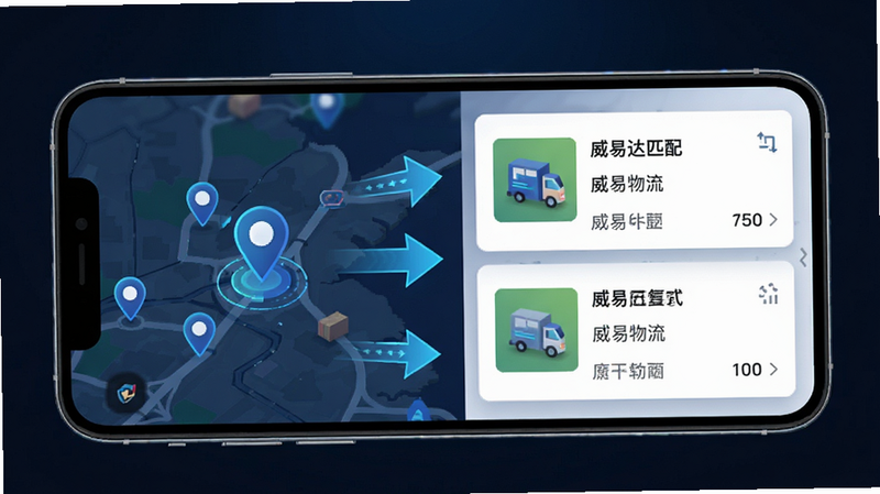 生成一张威易达物流智能匹配功能的示意图,主体为手机界面,布局为左右分栏,左侧是地图定位点,右侧是弹出的货源卡片,排版紧凑,风格科技感,细节包含箭头指示匹配过程,画质清晰,干净,无多余元素