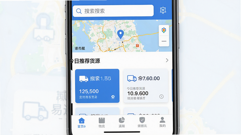 生成一张威易达物流APP的主界面截图,主体为手机屏幕,布局清晰,顶部显示搜索栏和地图背景,中部展示“今日推荐货源”卡片列表,底部为导航栏,风格为现代扁平化UI设计,色彩以蓝色和白色为主,细节处包含定位图标和车辆图标,画质高清,干净,无多余元素